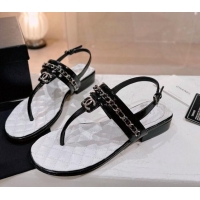 Stylish Chanel Patent Leather Flat Thong Sandals with Chain White/Black 505050