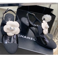 Sumptuous Chanel Wax Leather Pumps with Camellia Bloom 7cm Black 505077