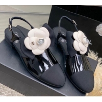 Luxury Chanel Wax Leather Flats Shoes with Camellia Bloom Black 505079