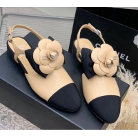 Stylish Chanel Calfskin Flats Shoes with Camellia Bloom Beige 505080