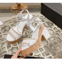 Pretty Style Chanel Leather Heel Sandals 10.5cm with Chain White 524126