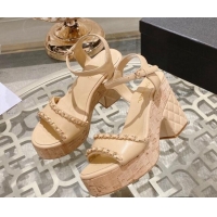 Good Looking Chanel Leather Heel Sandals 10.5cm with Chain Beige 524127