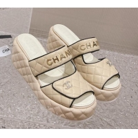 Best Product Chanel Quilted Leather Platform Slide Sandals 7cm Beige 524129