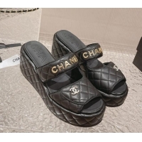 Good Quality Chanel Quilted Leather Platform Slide Sandals 7cm Black 524130