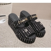 Durable Chanel Striped Tweed Platform Slide Sandals 7cm Black/White 524132