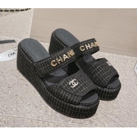 Grade Quality Chanel Tweed Platform Slide Sandals 7cm Black 524133