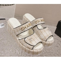 Good Quality Chanel Tweed Platform Slide Sandals 7cm Beige 524134