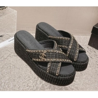 Best Product Chanel Tweed Platform Slide Sandals 7cm with Chain and CC Tag Black 525001