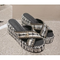 Top Design Chanel Tweed Platform Slide Sandals 7cm with Chain and CC Tag Black/White 525002