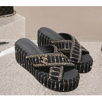 Shop Duplicate Chanel Striped Tweed Platform Slide Sandals 7cm with Chain and CC Tag Black/White 525003