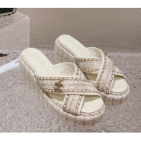 Good Looking Chanel Tweed Platform Slide Sandals 7cm with Chain and CC Tag Beige 525004