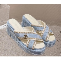 Popular Style hanel Tweed Platform Slide Sandals 7cm with Chain and CC Tag Light Blue 525005