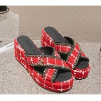 Good Quality Chanel Tweed Platform Slide Sandals 7cm with Chain and CC Tag Red 525006