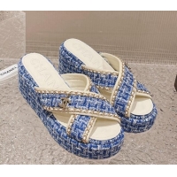 Good Product Chanel Tweed Platform Slide Sandals 7cm with Chain and CC Tag Denim Blue 525007