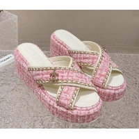 Best Price Chanel Tweed Platform Slide Sandals 7cm with Chain and CC Tag Light Pink 525008