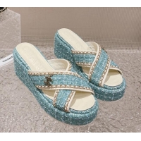 Sophisticated Chanel Tweed Platform Slide Sandals 7cm with Chain and CC Tag Light Green 525009