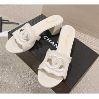 Good Quality Chanel Wave CC Calfskin Heel Slide Sandals 5.5cm White 525011