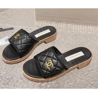 Best Grade Chanel Quilted Leather Foldover Slide Sandals Black 525018