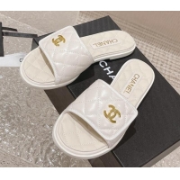 Hot Style Chanel Quilted Leather Foldover Flat Slide Sandals White 525021