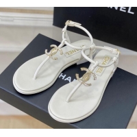 Good Product Chanel Lambskin Flat Thong Sandals with Crystal CC G39728 White 525024