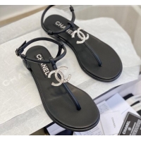 Luxurious Chanel Lambskin Flat Thong Sandals with Crystal CC G39728 Black 525025