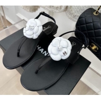 Top Design Chanel Calfskin Flat Thong Sandals with Camellia Bloom Black/White 525026