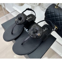 Durable Chanel Calfskin Flat Thong Sandals with Camellia Bloom Black 525027