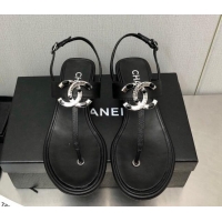 Most Popular Chanel Calfskin Flat Thong Sandals with Stone CC Black 525034