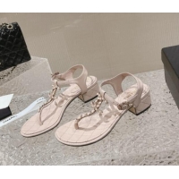 Top Grade Chanel Lambskin Heel Thong Sandals 5cm with Chain CC Light Pink 525039