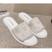 Popular Style Chanel Suede Flat Slide Sandals with Crystal Logo White 525046