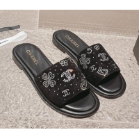 Best Grade Chanel Suede Flat Slide Sandals with Crystal Logo Black 525047