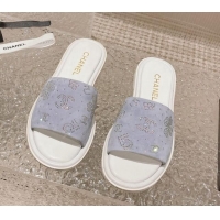 Luxury Discount Chanel Suede Flat Slide Sandals with Crystal Logo Light Purple 525048