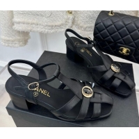 Luxury Chanel Lambskin Heel Sandals 6cm with Stone Charm Black 525049