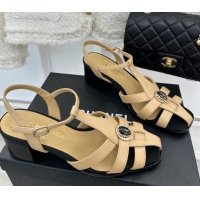 Popular Style Chanel Lambskin Heel Sandals 6cm with Stone Charm Beige 525050