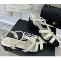 Pretty Style Chanel Lambskin Heel Sandals 6cm with Stone Charm White 525051