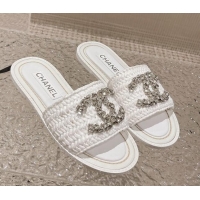 Best Product Chanel Raffia Straw Flat Slide Sandals with Crystal CC White 525055