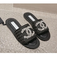 Best Grade Chanel Raffia Straw Flat Slide Sandals with Crystal CC Black 525056