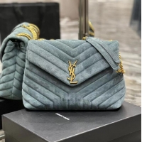 Top Grade Yves Saint Laurent LOULOU Large BAG IN Y-QUILTED SUEDE 77762 Blue