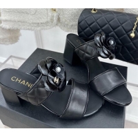 Best Price Chanel Lambskin Heel Slide Sandals 6cm with Pearl Camellia Black 525058