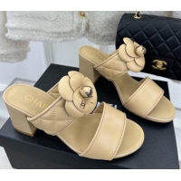 Most Popular Chanel Lambskin Heel Slide Sandals 6cm with Pearl Camellia Beige 525059