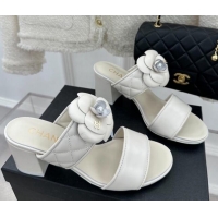 Good Looking Chanel Lambskin Heel Slide Sandals 6cm with Pearl Camellia White 525060