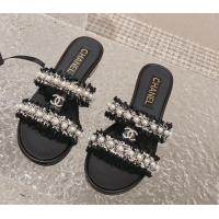 Top Design Chanel Tweed Flat Slide Sandals with Pearls Black 525061