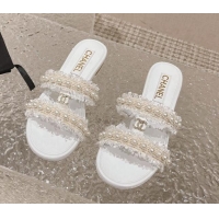 Good Quality Chanel Tweed Flat Slide Sandals with Pearls White 525062