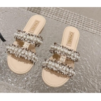 Pretty Style Chanel Tweed Flat Slide Sandals with Pearls Beige 525063