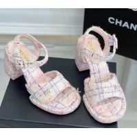 Popular Style Chanel Tweed Heel Sandals Pink 525064