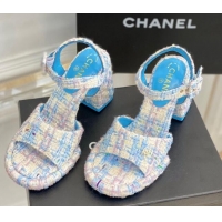 Shop Cheap Chanel Tweed Heel Sandals Blue 525065