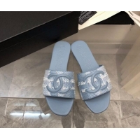 Luxurious Chanel CC Tweed Flat Slide Sandals Blue 525070