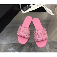 Top Grade Chanel CC Tweed Flat Slide Sandals Pink 525071