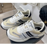 Pretty Style Chanel Calfskin and Mesh Sneakers with CHANEL Band Beige/White 525077