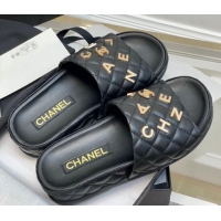 Durable Chanel Quilted Lambskin Platform Slide Sandals with CHANEL Letters Black 525088